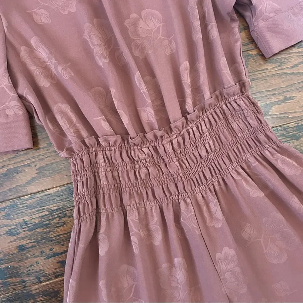 Anthropologie Castille Satin Jacquard Wide Leg Jumpsuit in Rose/Brown Sz Small